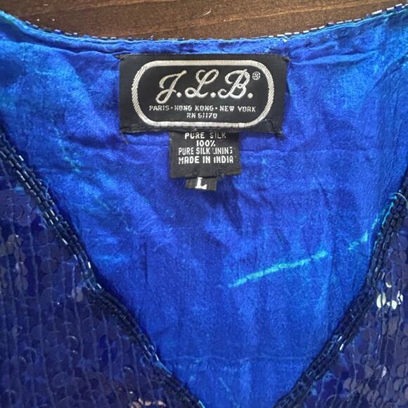 Vintage JLB 100% Silk Sequin Blue Silver Short Sleeve Top Blouse Womens Sz Large - Picture 9 of 10